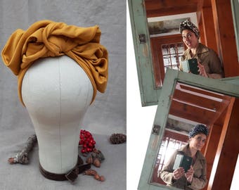 Turban Headband Vintage inspired fifties forties 40ties 50ties autumn curry mustard yellow Rockabilly Worker style Retro 1940 1950 Bow diva
