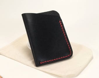 Handmade leather slim wallet, Minimalist Leather Card Wallet, Black leather card wallet, Black with red stitching, Upcycled leather