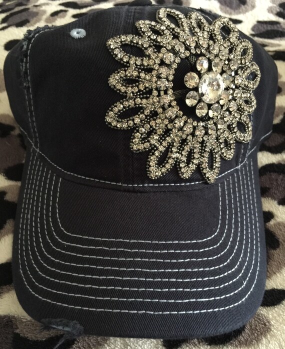 Womens baseball hat navy blue Rhinestone baseball cap