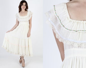 Gunne Sax Dress Boho Wedding Dress Prairie Dress Maxi Dress Renaissance Dress Vintage 70s Dress Ivory Floral Lace Tiered Boho Hippie S