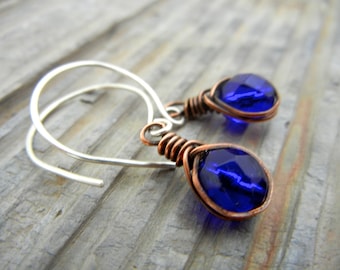 Cobalt Blue Wire Wrapped Dangle Earrings - Oxidized Copper/Sterling Silver Earrings