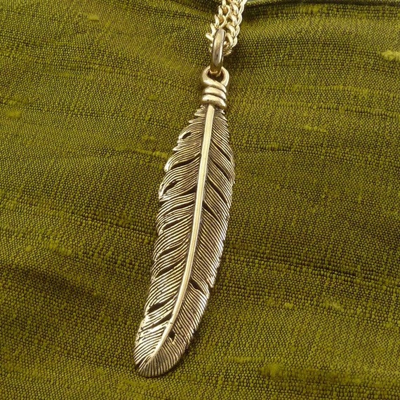 Feather Necklace Bronze Feather Pendant on 24 Gold