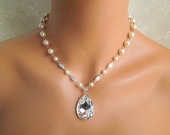 pearl necklace, bridal necklace, bridal pearl rhinestone necklace, Swarovski crystal necklace, statement necklace, ivory pearl, SAHARA