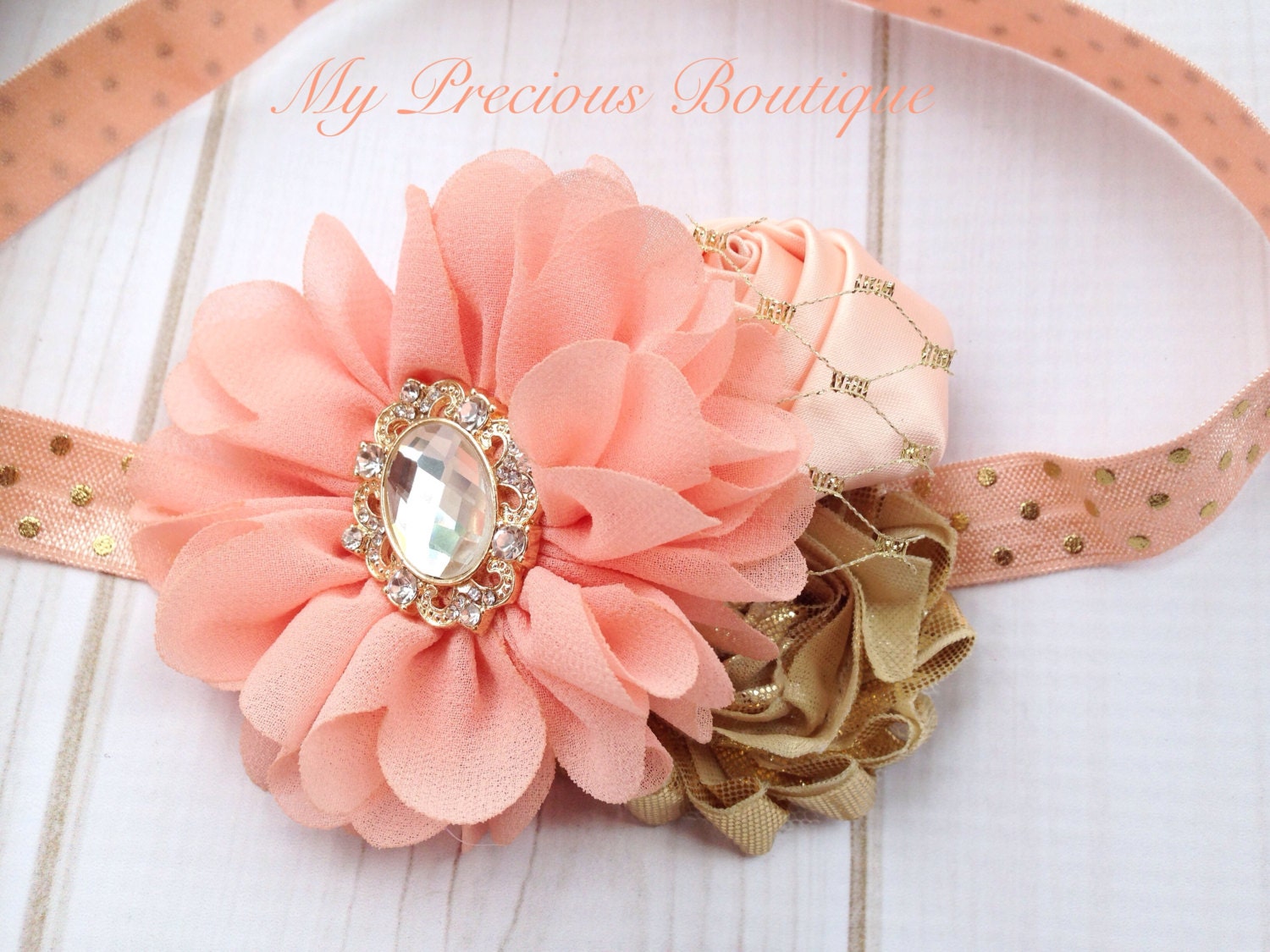 Peach and gold headband baby girl headband newborn headband