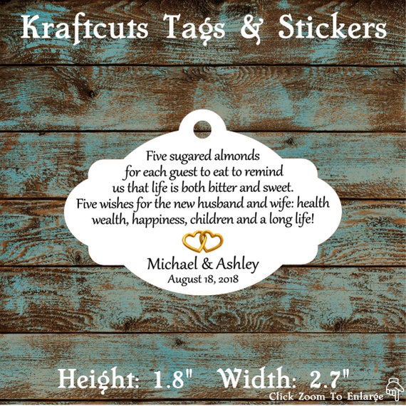 Favor Tags, Jordan Almond Favor Tags, Sugared Almond Favor Tags, Italian Wedding Favor Tags with Gold Hearts #688 - Quantity: 30 Tags