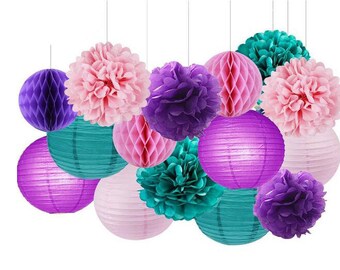 15pcs Mermaid Party Decoration Teal Pink Purple Tissue Paper Pom Poms Paper Lanterns Honeycomb Balls Wedding Baby Shower Decoration