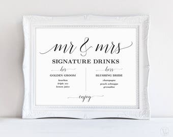 Signature Drinks Sign, Mr and Mrs Signature Drinks Sign, Printable Signature Drinks Menu, Wedding Reception Sign