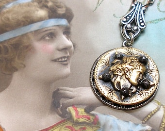 Star MAIDEN, 1800S BUTTON necklace. Victorian mythology, goddess on brass. Antique button jewellery.