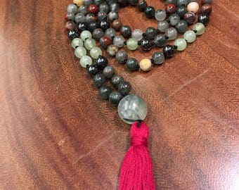 Natural Gemstone 108 Bead 8mm Mala / Prayer Beads / Necklace - Bloodstone, Prehnite, Hematite