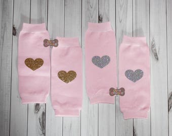 NEWBORN LEG WARMERS-Pink-Heart Leg Warmers-Leg warmer set-Pink Leg Warmers, Silver-Baby Leg Warmers-Infant Leg Warmers-Pink and Gold