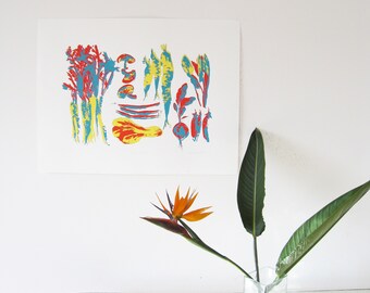 Cute Kitchen Art Blue Orange Yellow Vegetable Silkscreen Wall Print 20x26
