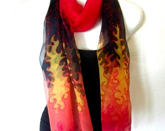 Hand Painted Silk Scarf, Fire Flames, Red Black, Silk Chiffon Scarf, Gift For Her, Genuine Handmade