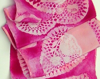 silk scarf long crepe Pink Hearts unique hand painted luxury wearable art women SALE