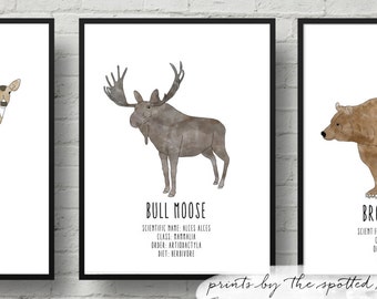 Watercolor Woodland Animal Series Nursery Prints. Brown Bear, Spotted Deer and Moose. 8x10 and 11x14 Sizing.