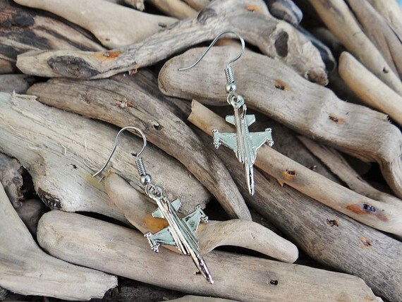 Aircraft Jet Plane Aeroplane Earrings Military Airforce Missile Pilot Silver Tone Airplane Flying