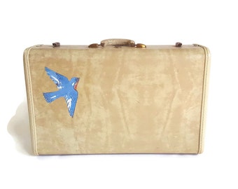 Vintage Samsonite White Marbled Suitcase - 50s Hardside Luggage - Retro Travel - Bluebird Decoupage Shabby Cottage Chic Cabin Decor