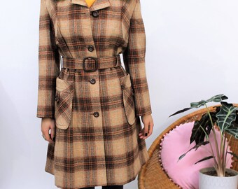 1970s Orange & Brown Check Belted Coat Size UK 12, US 8, EU 40