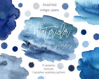 High quality hand-painted watercolor splashes, spots, seamless pattern textures in assorted range of blue, indigo, denim, jeans, brushstroke