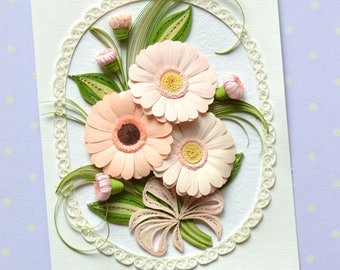 Sunny Gerbera Daisies Quilling Card - Sunny Gerbera Daisies Quilled Card- Birthday Quilling Card - Love Quilling Card