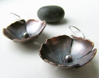Copper and Sterling Silver Oriental Poppies Flower Blossom Garden earrings - made to order