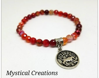 6mm Red Fire Agate Aries Zodiac Charm Bracelet. Gift for Her.