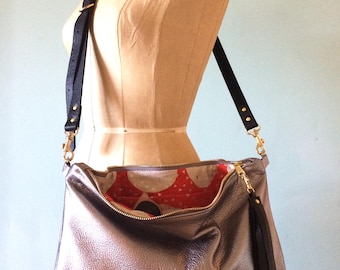 Silver purse, silver leather handbag, dark silver evening bag, metallic leather bag