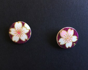 Washi paper stud earrings - pink & white flowers on purple background