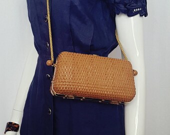 Vintage 70’s Small WOVEN RATTAN Shoulder Bag w Gold Accents and Satin Rope Shoulder Strap
