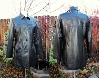 1990's Black Leather Jacket Coat Wilson Large Soft Vintage Retro 90s Hipster Mod