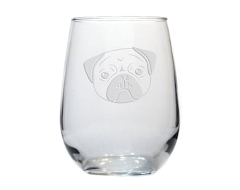 Pug Face Dog Wine Glass / Free Personalization / Etched Stemless Wine Glass / Dog Wine Glass / Personalized Gift / Personalized Glass