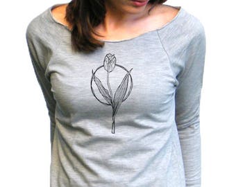 Womens Long Sleeve Shirt - Tulip Wildflower Tshirt - Next Level French Terry Raglan Pullover - S, M, L, XL, 2XL