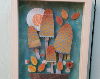 Showcase diorama made of cut paper pattern of woodland mushrooms