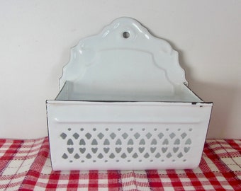 Antique Enamelware Onion keeper, Wall hanging kitchen storage, White enamelware
