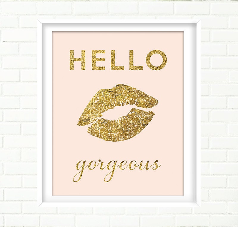 Blush Pink and Gold Wall Art Print Gold Lips Gold Foil