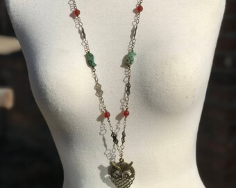 Art Nouveau ~ Antique Brass Owl Pendant with Turquoise & Carnelian Necklace
