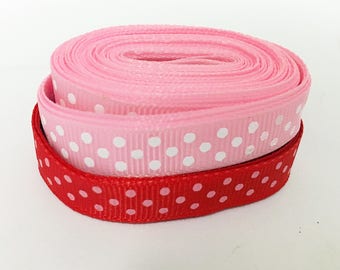 Valentines ribbon, swiss dot ribbon, ribbon lot, pink ribbon, red ribbon, 3/8 inch ribbon, valentines grosgrain ribbon