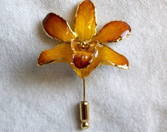 Vintage orchid stickpin...gold tone stickpin...enameled yellow orchid stickpin...enamel.
