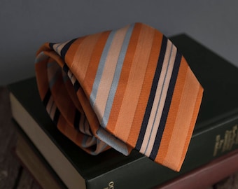 Vintage silk tie, monti mens necktie, silk neck tie, ribbed striped cravat cravatte / orange blue navy