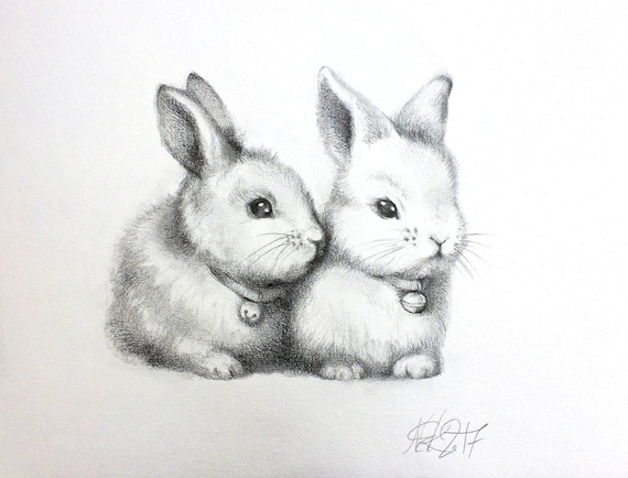 Items similar to ORIGINAL pencil drawing, cute bunny, rabbit, lapin