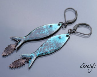 Earrings - small sardines - fish enameled copper - large - Royal Blue and green turquoise