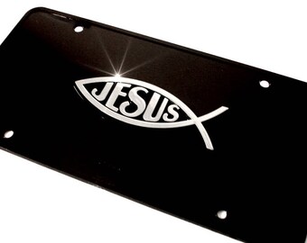 Christian Fish Ichthus Emblem License Plate - Jesus Fish - Black