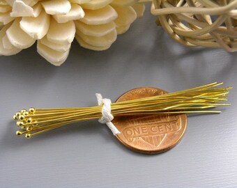 HEADPIN-GOLD-26G-50MM - 26 gauge 14K Gold Plated Ball End Headpins 50mm long (2 inches) Nickel Free...100 pcs