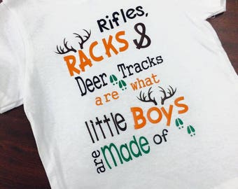 Rifles Racks and Deer Tracks boys t shirt
