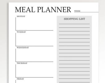 Meal Planner Printable, Weekly Meal Planner, Grocery list, Menu Planning Notebook, Planner Inserts, Shopping List Notepad