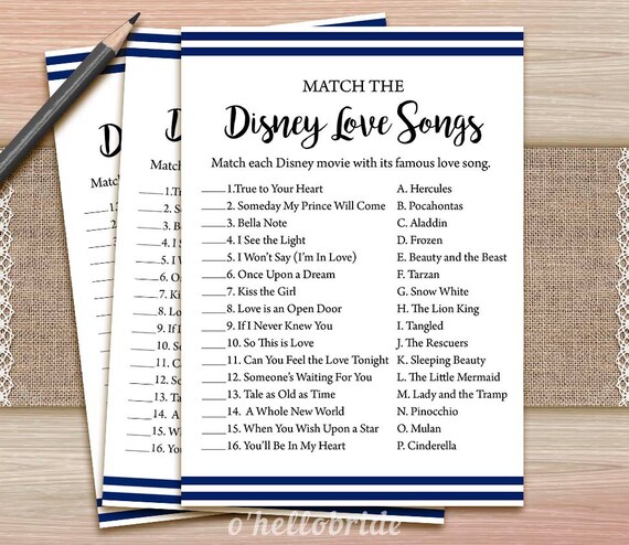 Disney Love Songs Match Game Printable Navy Blue Bridal