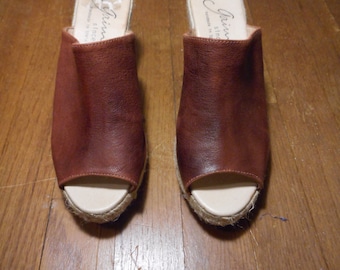 vintage handmade in spain gaimo brown leather open toe espadrille womens size 40 / 9 high heel mules