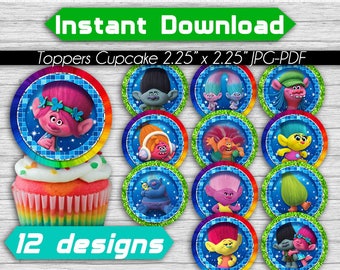 12 Trolls Cupcakes Toppers Instant Download Printable Trolls