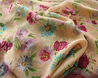 Vintage Fabric Sheer Silk Chiffon Floral Flowers 36" x 3.44 Yards