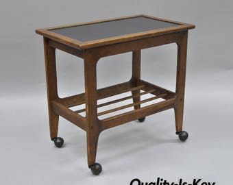 Vintage Mid Century Modern Walnut Rolling Bar Cart Danish Side End Table TV Stand