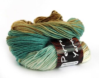 Hand dyed wool DK, double knitting superwash merino silk light worsted crochet yarn skein, uk Perran Yarns, Sandy Toes pale blue ecru brown